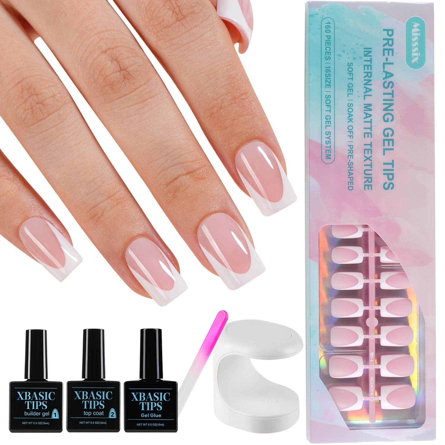 Misssix French Gel Nail Tips, 240Pcs French Tip Press on Nails Long Square Pink, No Need to File Tips Pre-lasting, Fake Nails for Nail Art DIY 15 Sizes